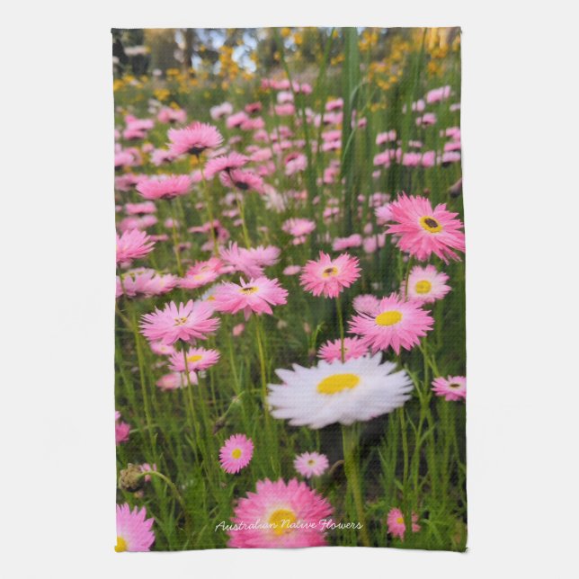 Linge De Cuisine Pink + White Australian Native Meadow Flowers  (Vertical)