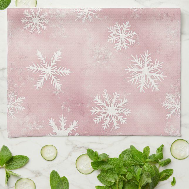 Linge De Cuisine Pink White Snowflakes Christmas (Plié)