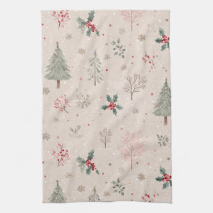 Linge De Cuisine Pink Winter - Feuilles de houx, pin, flocons de ne