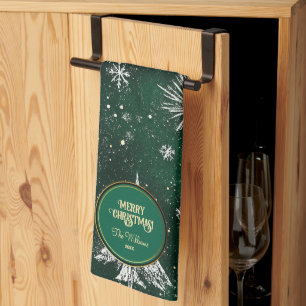Linge De Cuisine Pins d'or Silver Snowflakes Hunter Green