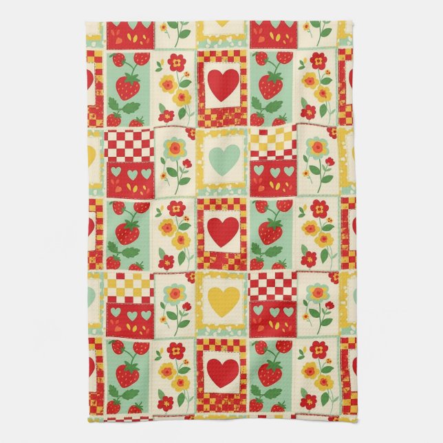Linge De Cuisine Pique-Nique Patchwork Fraise (Vertical)