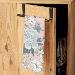 Linge De Cuisine Pivoines bleues Pêche Botanique Floral Vintage