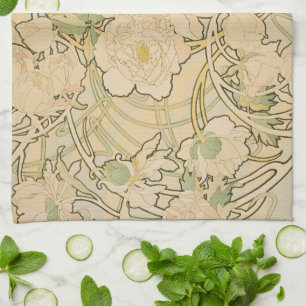 Linge De Cuisine Pivoines par Alphonse Mucha, Art Nouveau vintage