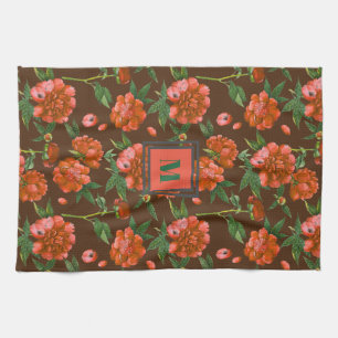 Linge De Cuisine Pivoines Rouges Mignonnes Motif de Fleurs en Monog