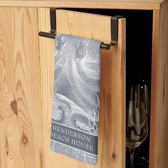 Linge De Cuisine Plage côtière nautique Maison Bleu Blanc Octopus (Pliage en tiers)