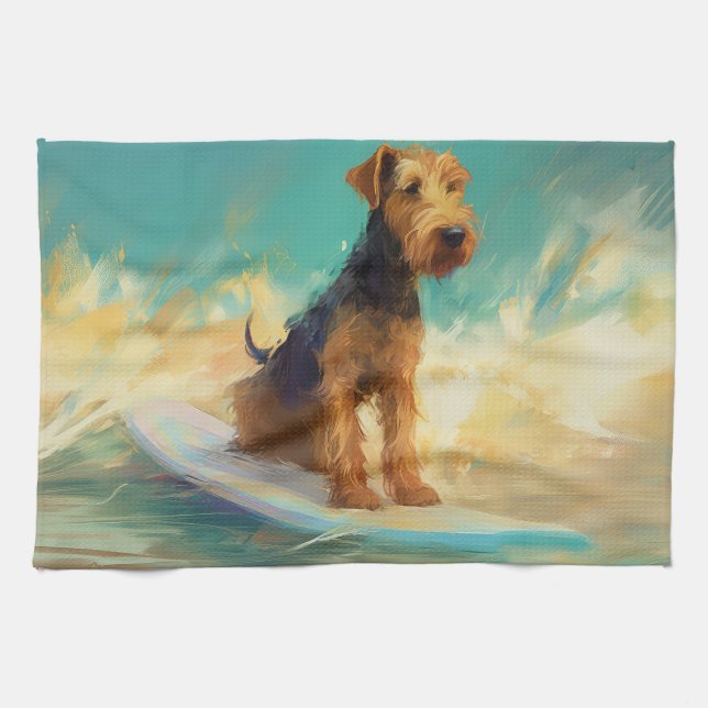 Linge De Cuisine Plage d'Airedale Surfing Painting (Horizontal)