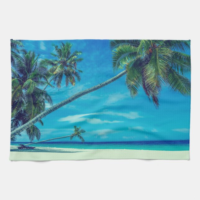 Linge De Cuisine Plage de sable blanc avec palmiers tropicaux (Horizontal)