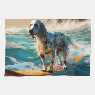 Linge De Cuisine Plage de Surf avec Setter Anglais en Peinture