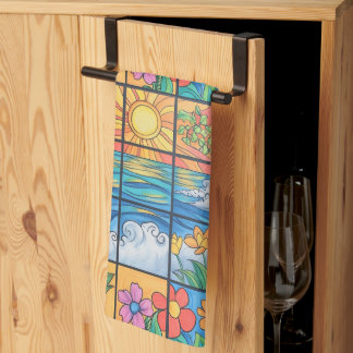 Linge De Cuisine Plage mosaïque soleil et fleurs