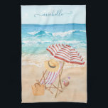 Linge De Cuisine Plage tropicale aquarelle<br><div class="desc">Le vôtre pour toujours profiter — paisible, serein, calme — cette belle aquarelle tropicale — plage; chaise; parapluie — casquette et sac — vous pouvez toujours y être — et personnaliser votre nom ou en cadeau. Pour toute question de conception, envoyez un courriel à charmdesignstudio@rcn.com et nous serons heureux de...</div>