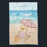 Linge De Cuisine Plage tropicale aquarelle<br><div class="desc">Le vôtre pour toujours profiter — paisible, serein, calme — cette belle aquarelle tropicale — plage; chaise; parapluie — casquette et sac — vous pouvez toujours y être — et personnaliser votre nom ou en cadeau. Pour toute question de conception, envoyez un courriel à charmdesignstudio@rcn.com et nous serons heureux de...</div>