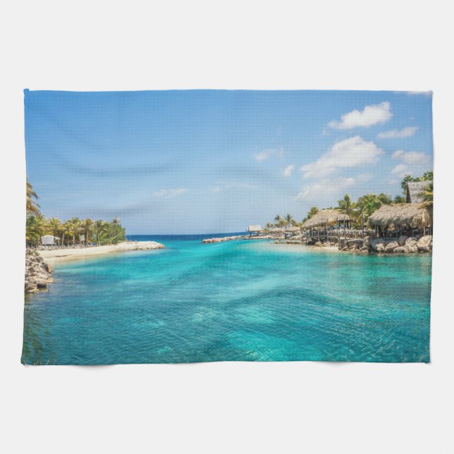 Linge De Cuisine Plage tropicale pittoresque avec huttes de chaume  (Horizontal)