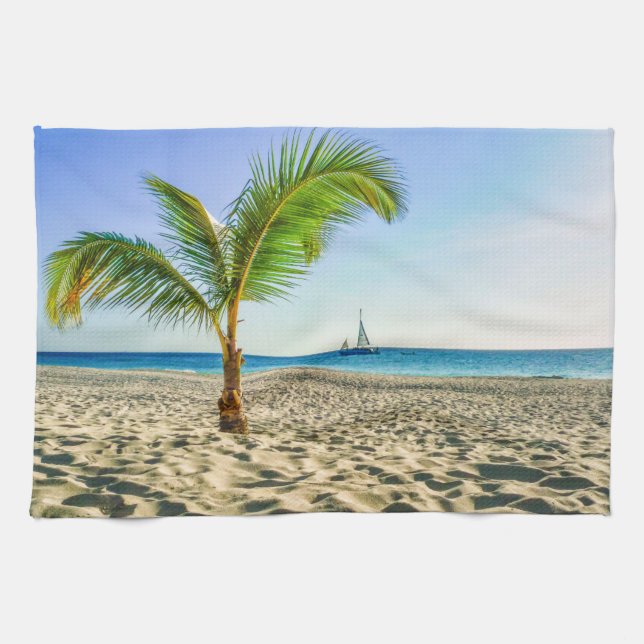 Linge De Cuisine Plages tropicales | Bateau, Palmier, Aruba (Horizontal)