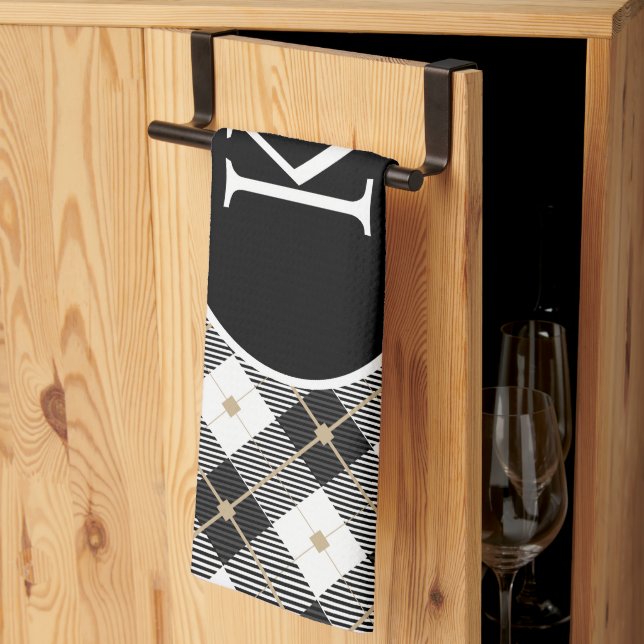 Linge De Cuisine Plaid noir blanc or personnalisé avec monogramme (Pliage en tiers)