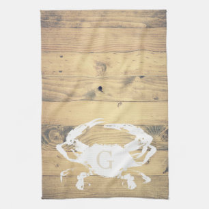 Linge De Cuisine Planches en bois côtier et crabe blanc Monogramm