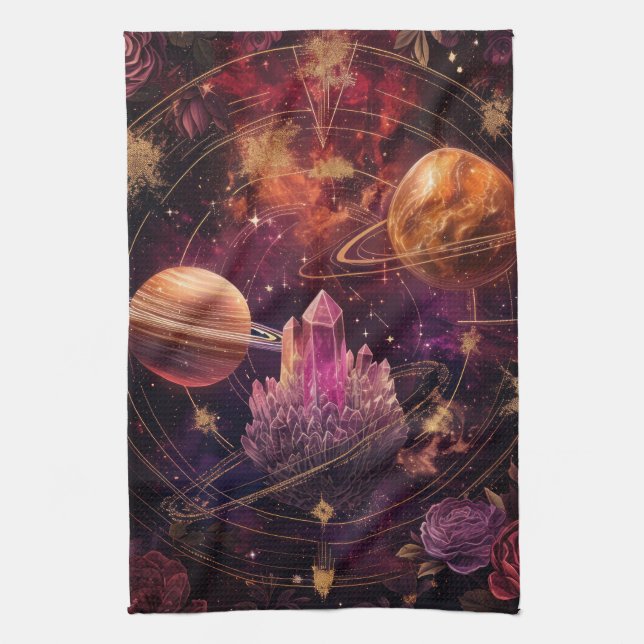 Linge De Cuisine Planète Florale Cosmique Nébuleuse Violette Espace (Vertical)
