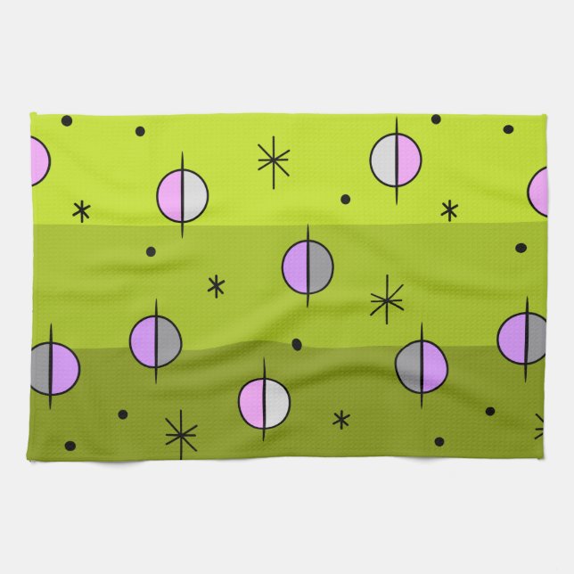 Linge De Cuisine Planètes de l'âge de l'espace rétro Stars Chartreu (Horizontal)