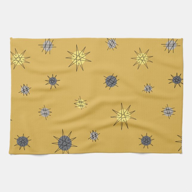 Linge De Cuisine Planètes Starburst de l'ère atomique Ocre Gris (Horizontal)