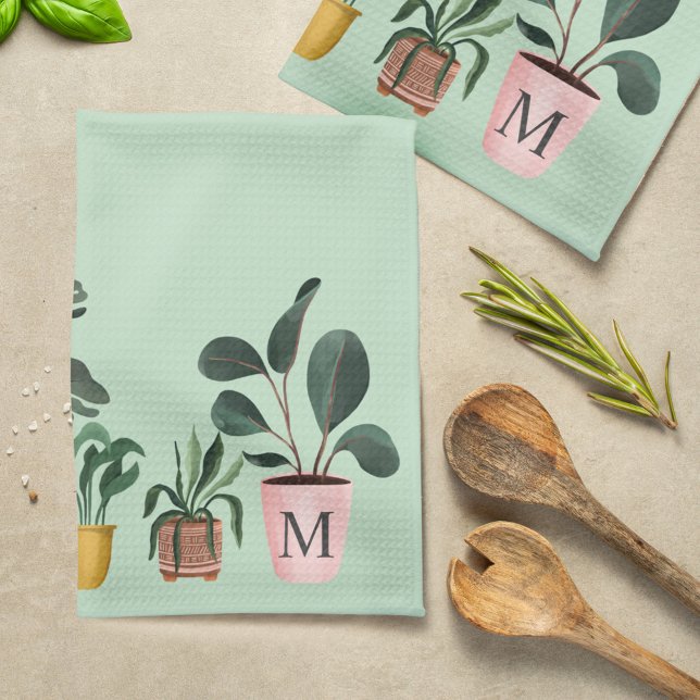 Linge De Cuisine Plantes Amoureuses Chic Plantes en Pot à l'Aquarel (Plant Lover Chic Watercolor Potted Plants Monogram Kitchen Towel)