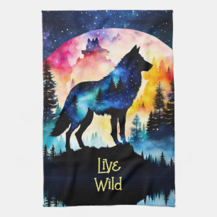 Linge De Cuisine Pleine lune loup arbres aquarelle