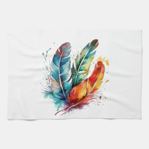 Linge De Cuisine Plumes colorées Aquarelle amérindienne