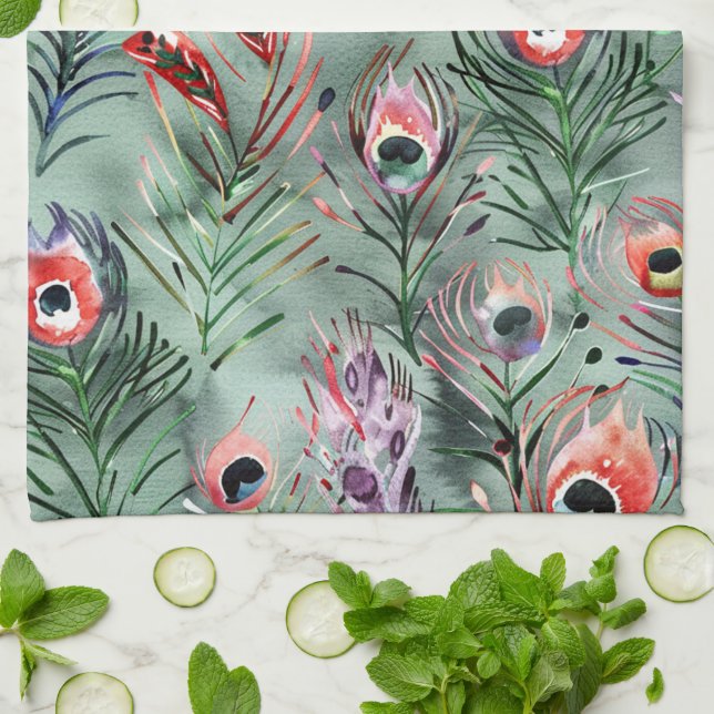 Linge De Cuisine Plumes de paon vert rouge   (Plié)