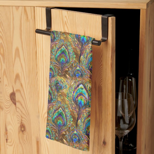 Linge De Cuisine Plumes de paon vibrantes sur l'or (Pliage en tiers)