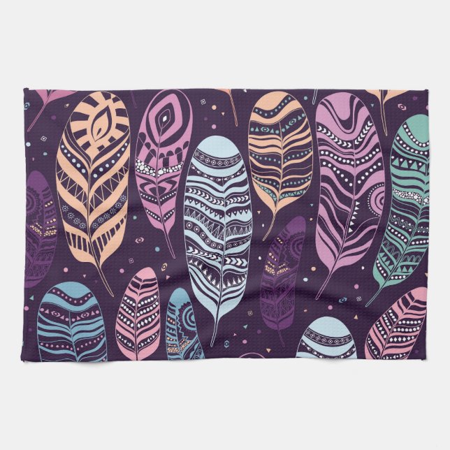 Linge De Cuisine Plumes ethniques : motif noir et blanc (Horizontal)