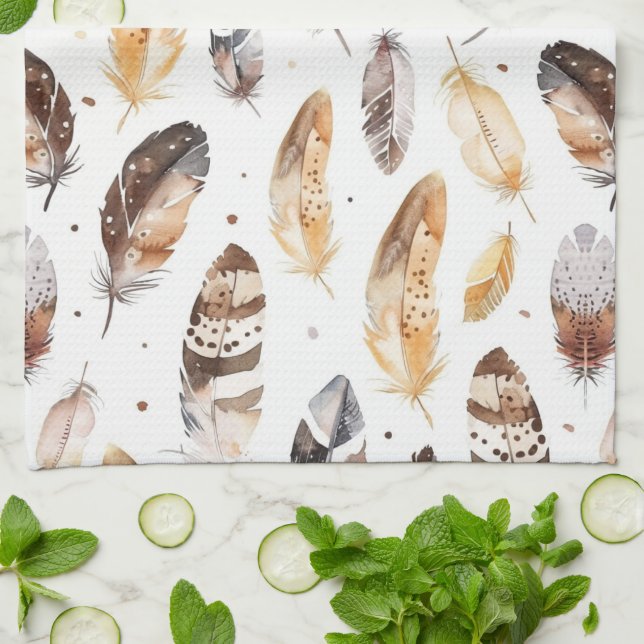 Linge De Cuisine Plumes indigènes tribales à la crème Brown (Plié)