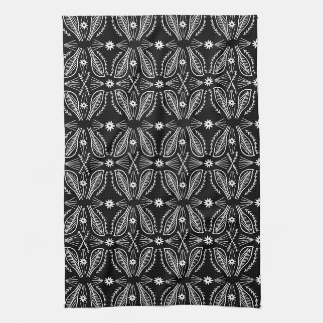 Linge De Cuisine Poblanos Abstrait Feuille Motif Noir (Vertical)