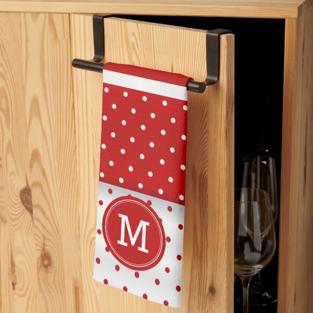 Linge De Cuisine Point de polka rouge et blanc monogramme (Pliage en tiers)