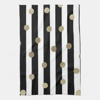 Linge De Cuisine Point et bande noirs, blancs et dorés