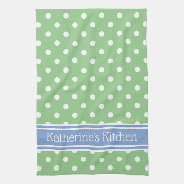 Linge De Cuisine Pointe Polka verte et blanche avec bleu personnali (Vertical)
