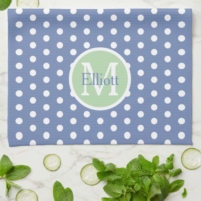 Linge De Cuisine Points Bleus et Blancs avec Monogramme Vert (Plié)