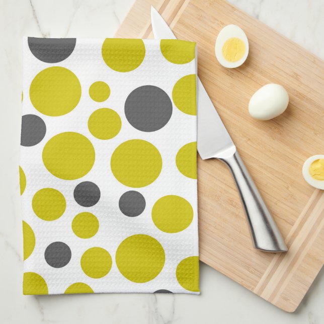 Linge De Cuisine points jaune gris sur fond blanc (Quart Plié)
