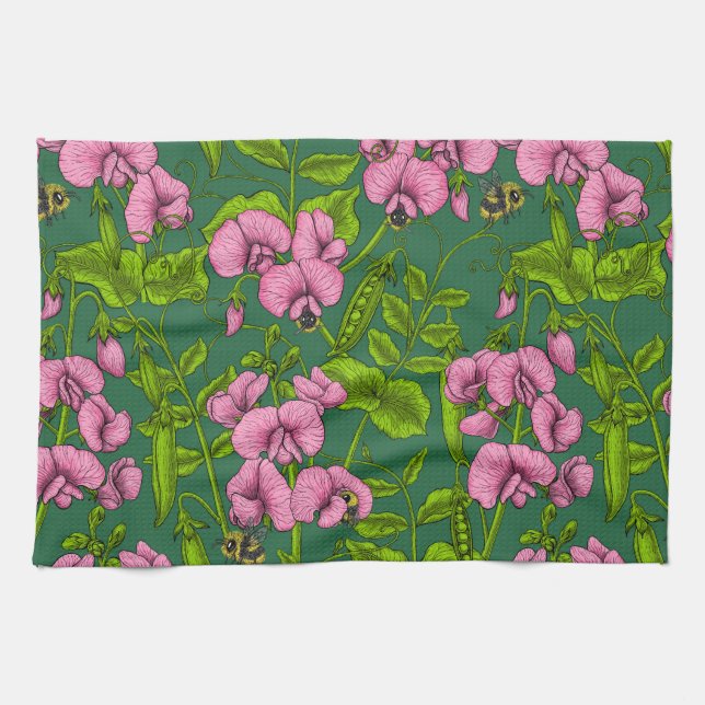 Linge De Cuisine Pois doux et bourdons, vert et rose (Horizontal)