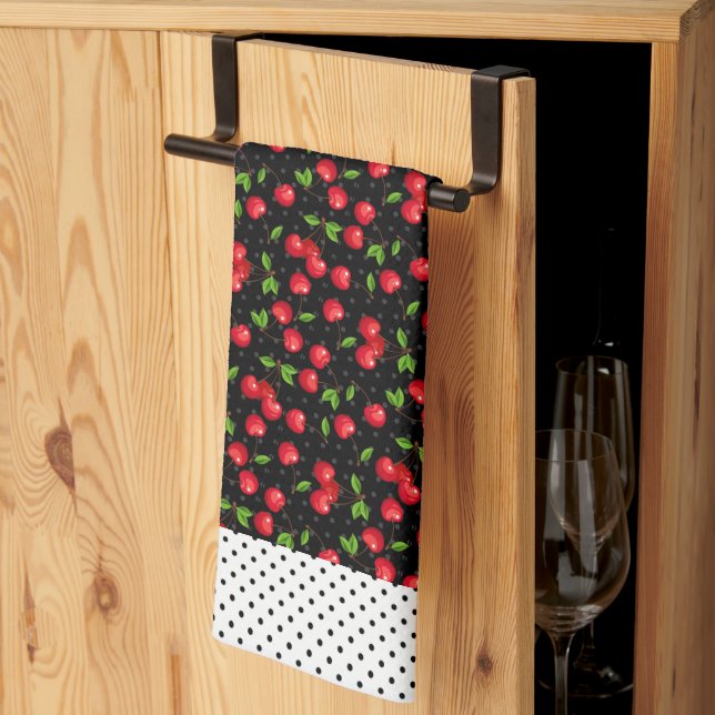Linge De Cuisine Pois et cerises Rockabilly sur Noir (Pliage en tiers)