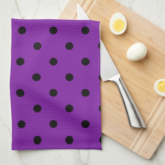 Linge De Cuisine Pois noirs sur violet violet (Quart Plié)