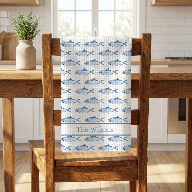 Linge De Cuisine Poisson aquarelle bleue nageant  (Blue Watercolor Fish Kitchen Towel)