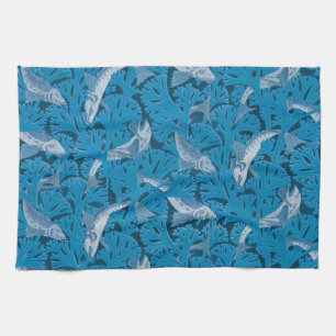 Linge De Cuisine Poisson bleu vintage et algues : Art Nouveau Nauti
