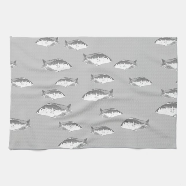 Linge De Cuisine Poisson gris monochrome (Horizontal)