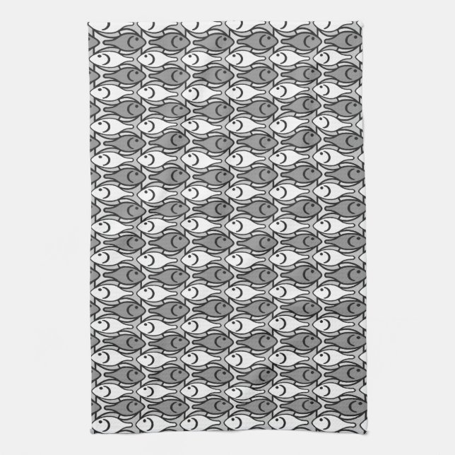 Linge De Cuisine Poisson moderne du milieu du siècle, noir, blanc e (Vertical)
