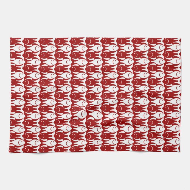 Linge De Cuisine Poisson moderne du milieu du siècle, rouge foncé e (Horizontal)