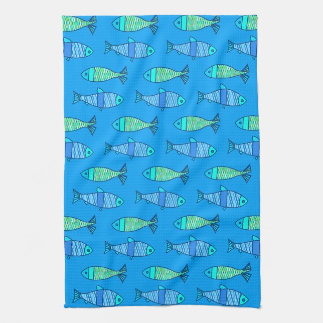 Linge De Cuisine Poisson moderne rétro, bleu turquoise et cerulean (Vertical)