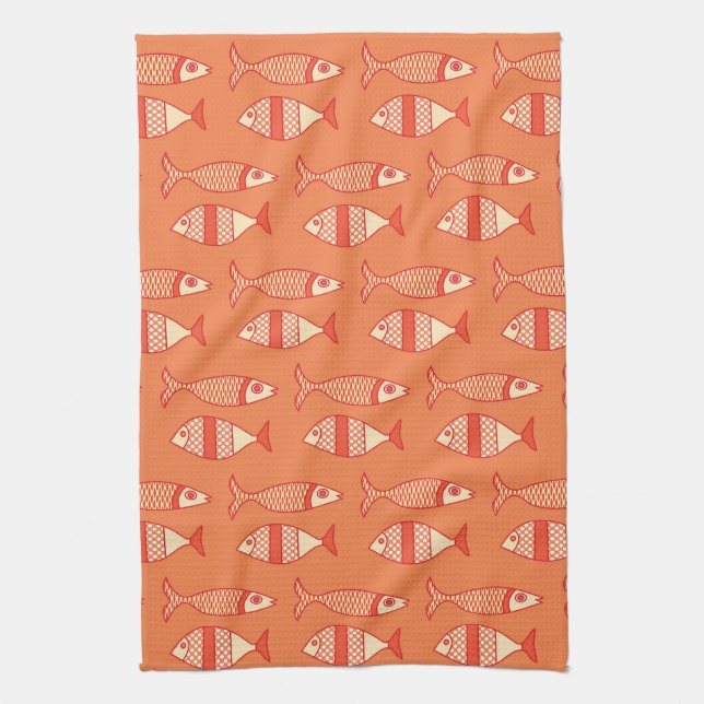 Linge De Cuisine Poisson moderne rétro, Corail clair Orange & Tange (Vertical)