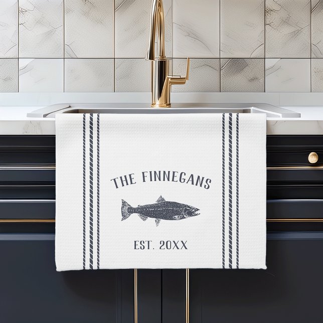 Linge De Cuisine Poisson rustique blanc et marine Personnalisé (Créateur téléchargé)