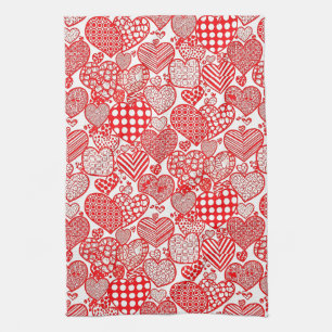 Linge De Cuisine Polka Romantique Cœur Gribouillage Rouge Blanc