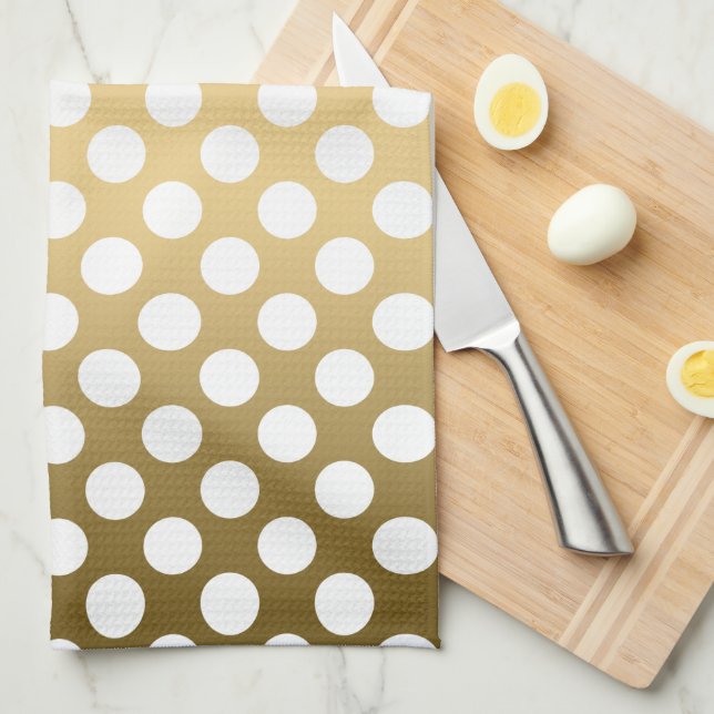Linge De Cuisine Polkadot blanc sur Arrière - plan or (Quart Plié)