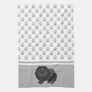 Linge De Cuisine Pomeranian à manteau noir avec motif de pattes gri