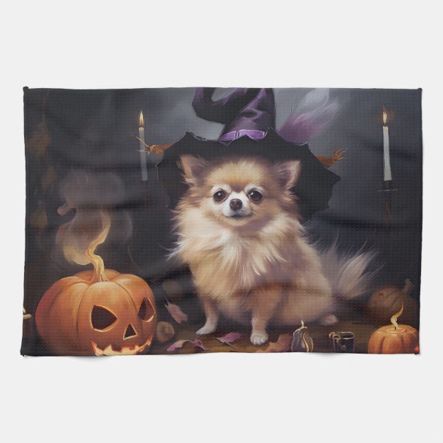 Linge De Cuisine Pomeranian Citrouilles Halloween Épouvantable (Horizontal)